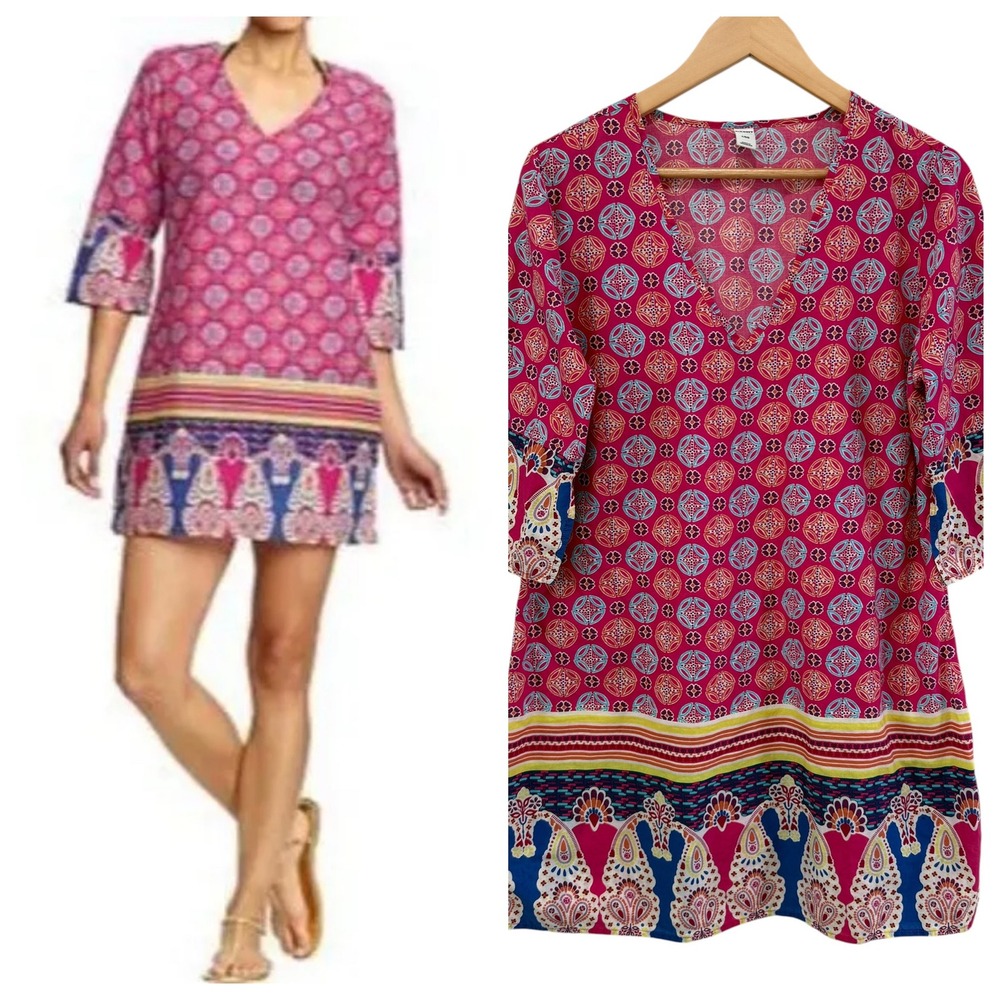 Old Navy Mini Dress Sz L Pink Geometric Paisley Boho V-Neck Cotton Swim Coverup‎